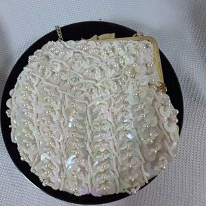 Vintage evening purse, white iridescent, sequence, cream colored evening purse